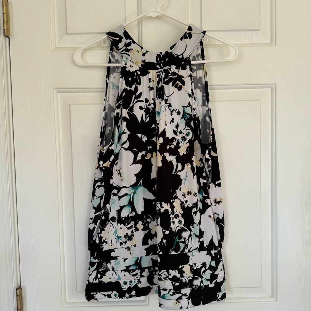 WHBM • Women’s Mock Neck Halter Top Black Blue & White Floral Print Size- Large